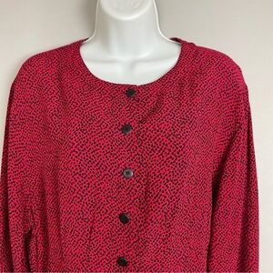 Vintage Moods by Krizia Blouse Red Abstract Pleats Long Sleeve Rayon Women Small